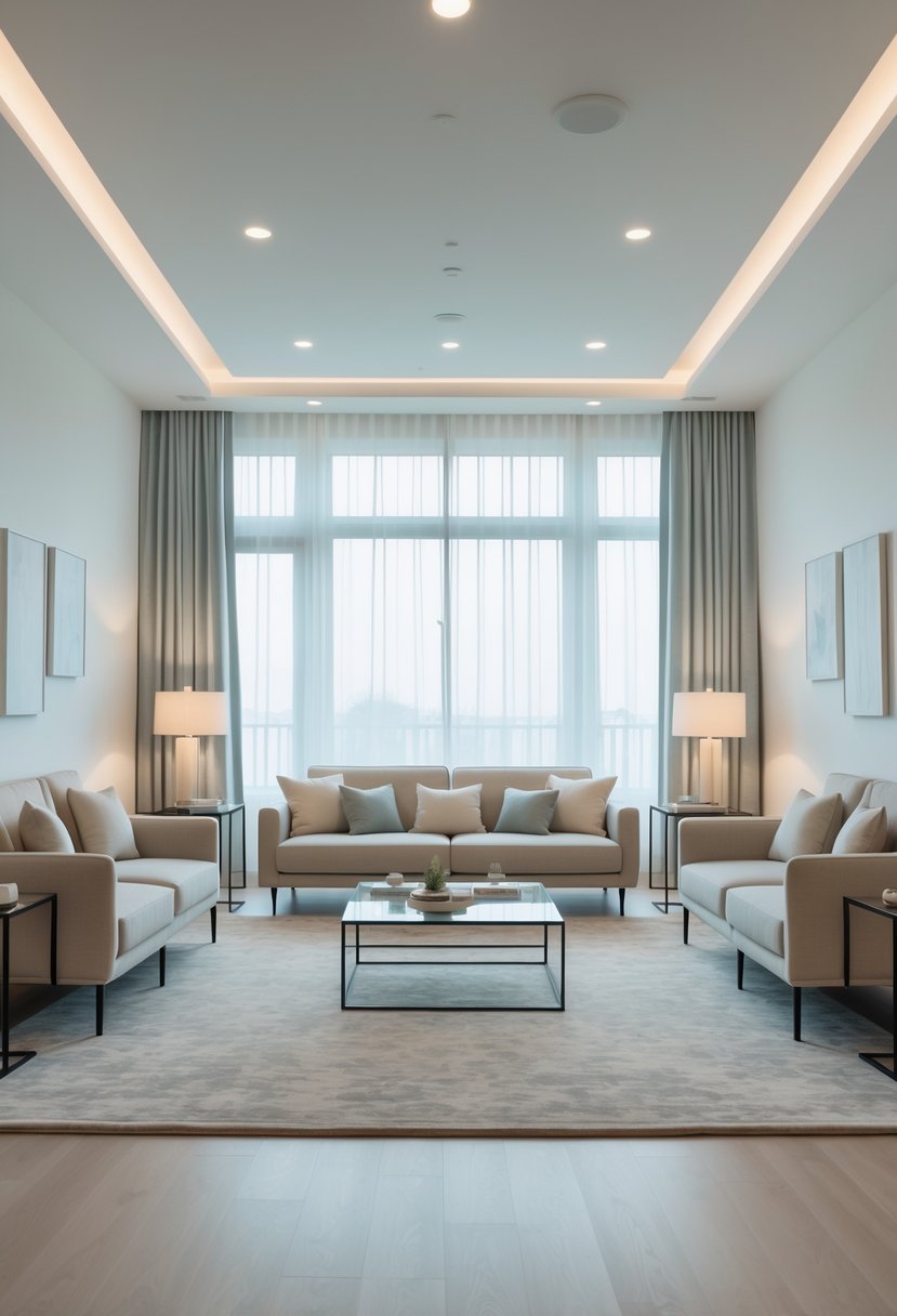 Contemporary Living Room Ideas 2026: 21 Stylish Designs for Modern Homes 10 A living room with two identical sofas facing each other across a coffee table, matching armchairs, floor lamps, and large windows letting in natural light.