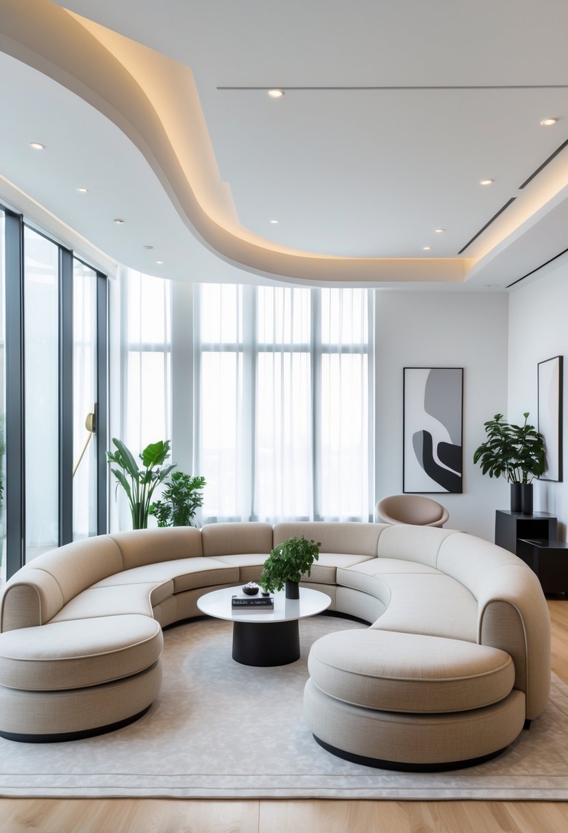 Contemporary Living Room Ideas 2026: 21 Stylish Designs for Modern Homes 11 A bright living room with curved sofas, large windows, a coffee table, and indoor plants.