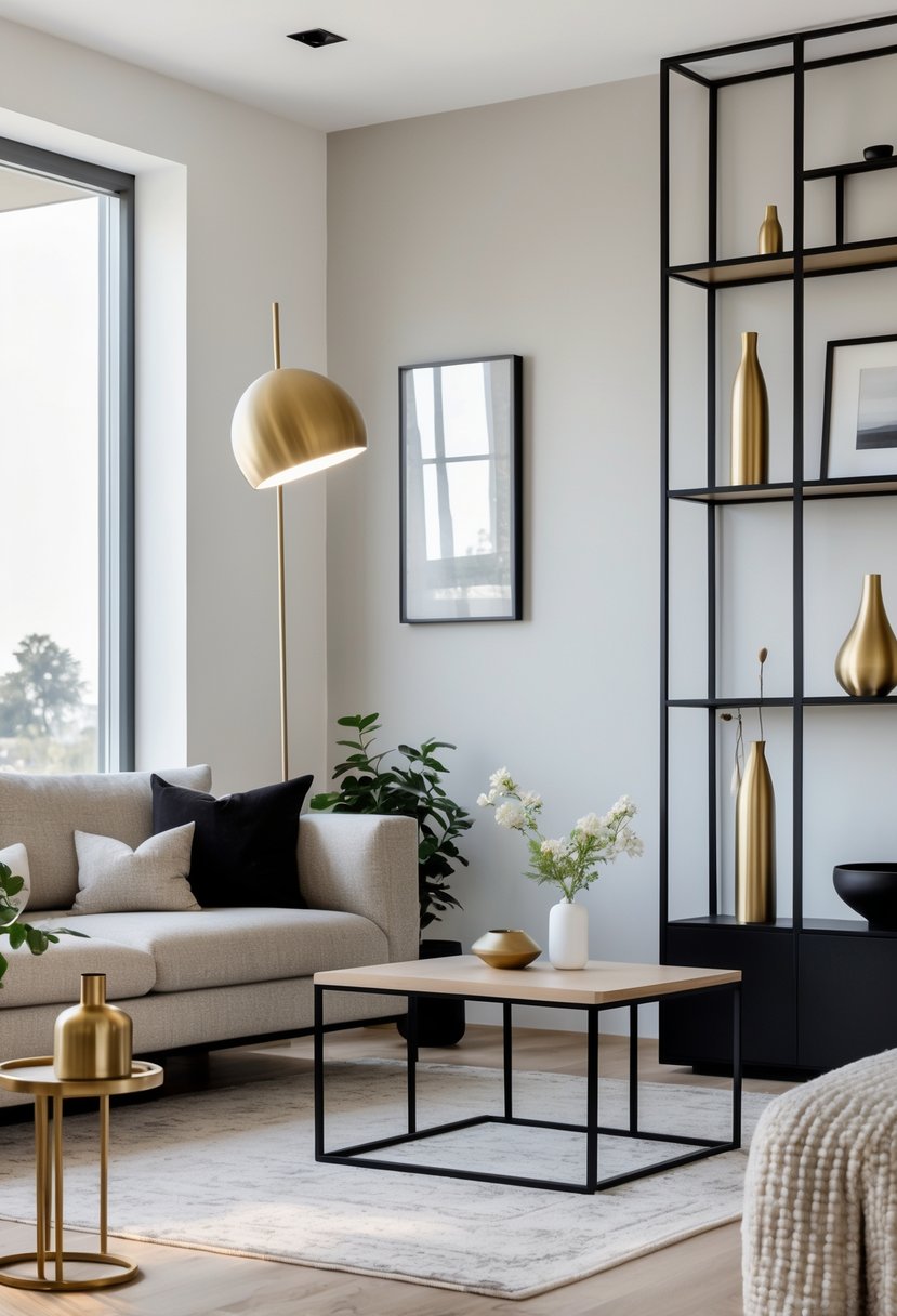 Contemporary Living Room Ideas 2026: 21 Stylish Designs for Modern Homes 12 A bright living room with a sofa, coffee table, floor lamp, and decorative items featuring brass and matte black metal finishes.