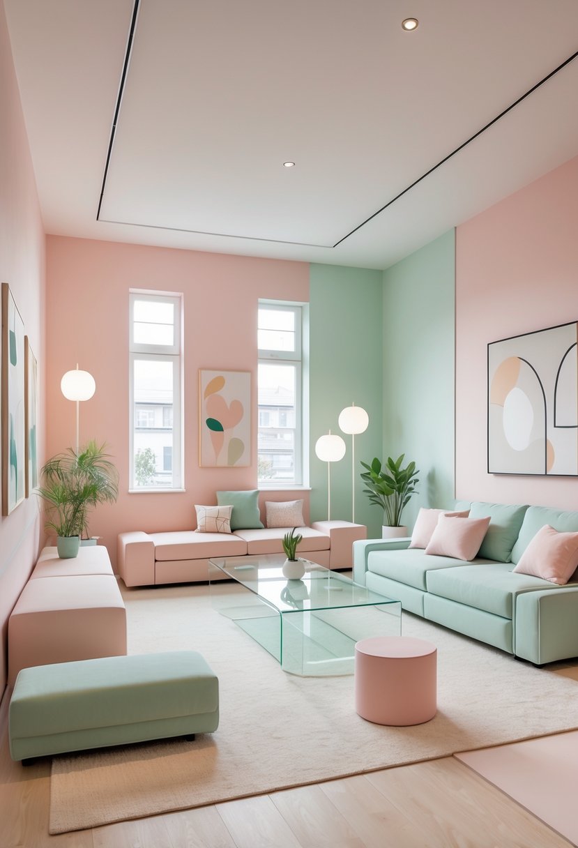 Contemporary Living Room Ideas 2026: 21 Stylish Designs for Modern Homes 13 A bright and spacious living room with pastel-colored furniture, large windows, and modern decor.
