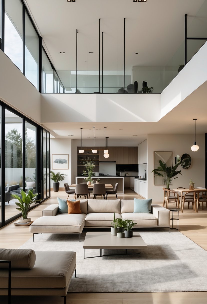 Contemporary Living Room Ideas 2026: 21 Stylish Designs for Modern Homes 14 A spacious living room with a large sofa, coffee table, dining area, and kitchen connected in an open layout with large windows letting in natural light.