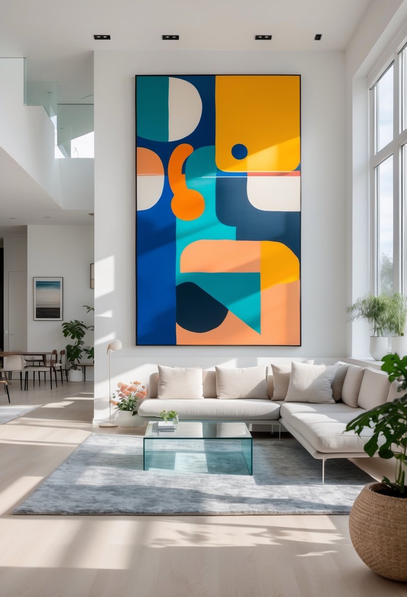 Contemporary Living Room Ideas 2026: 21 Stylish Designs for Modern Homes 15 A modern living room with a large colorful abstract painting above a sofa, bright natural light, and minimalist furniture.