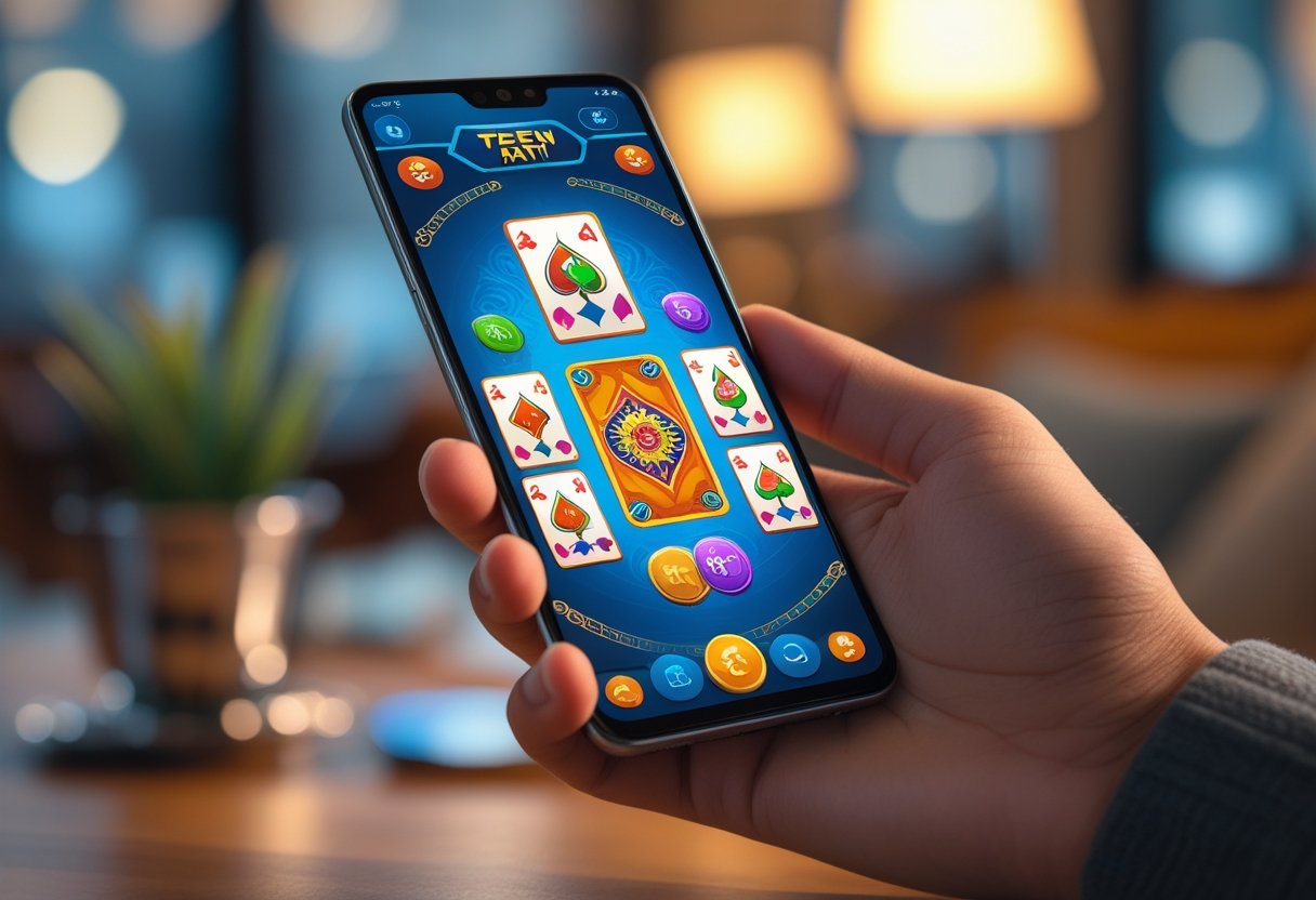 A person holding an Android smartphone showing a colorful card game on the screen in a cozy indoor setting.