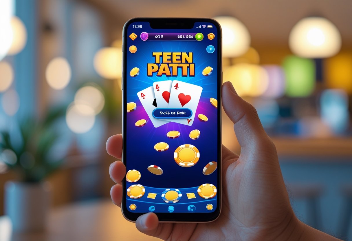 A person holding a smartphone showing a colorful card game screen in a softly lit indoor setting.