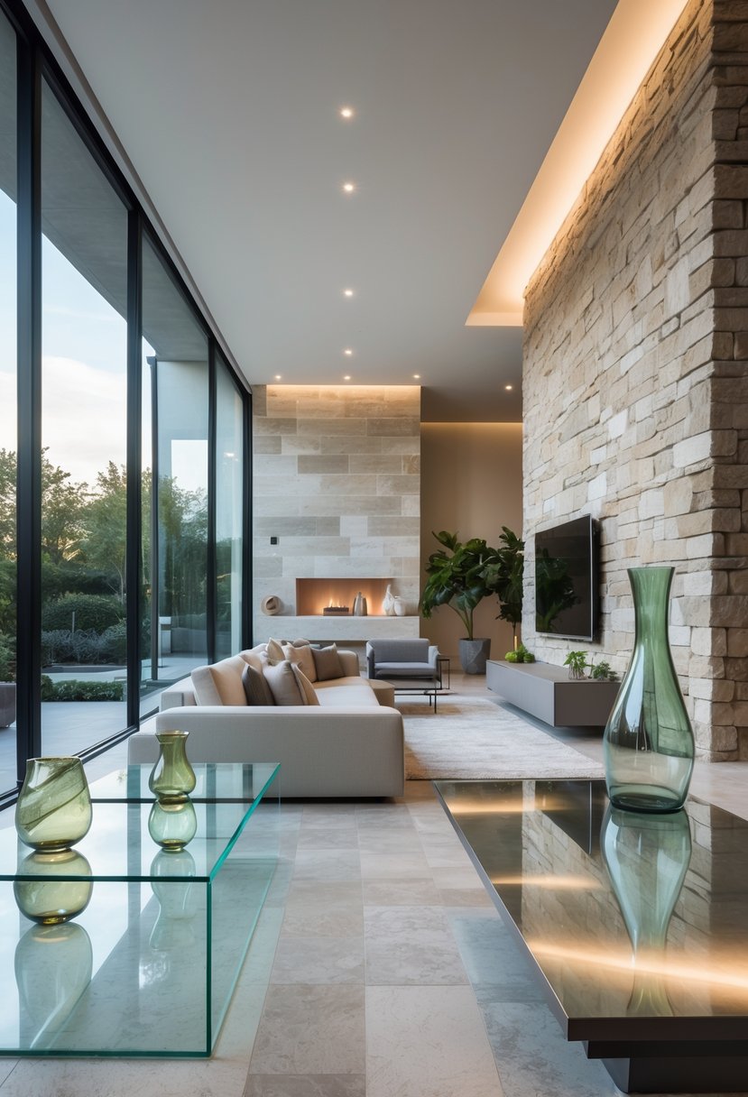 Contemporary Living Room Ideas 2026: 21 Stylish Designs for Modern Homes 17 Bright living room with glass furniture and stone walls, featuring a sofa, coffee table, and indoor plants.