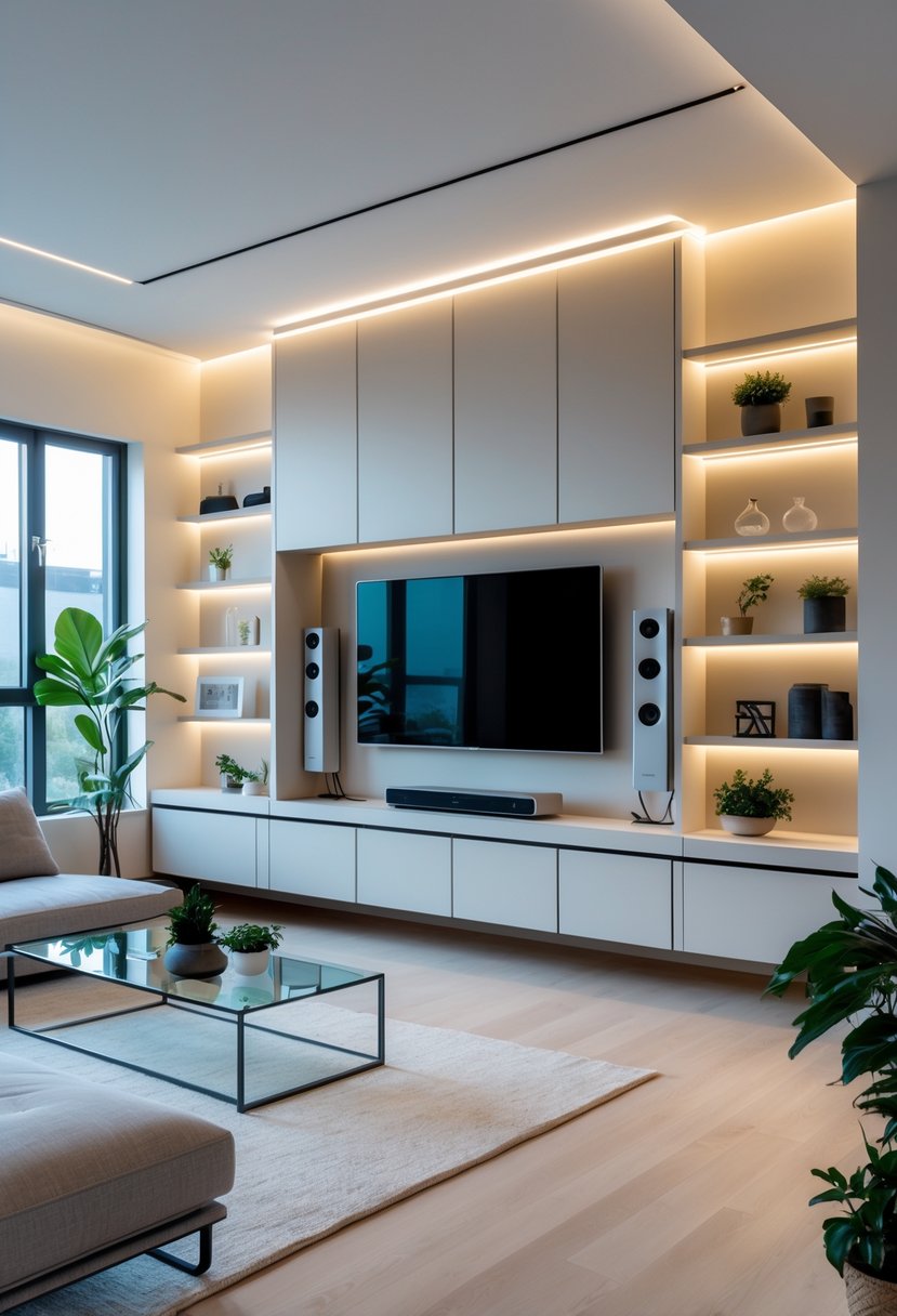 Contemporary Living Room Ideas 2026: 21 Stylish Designs for Modern Homes 18 A modern living room with built-in media units, a sofa, coffee table, large windows, and potted plants.