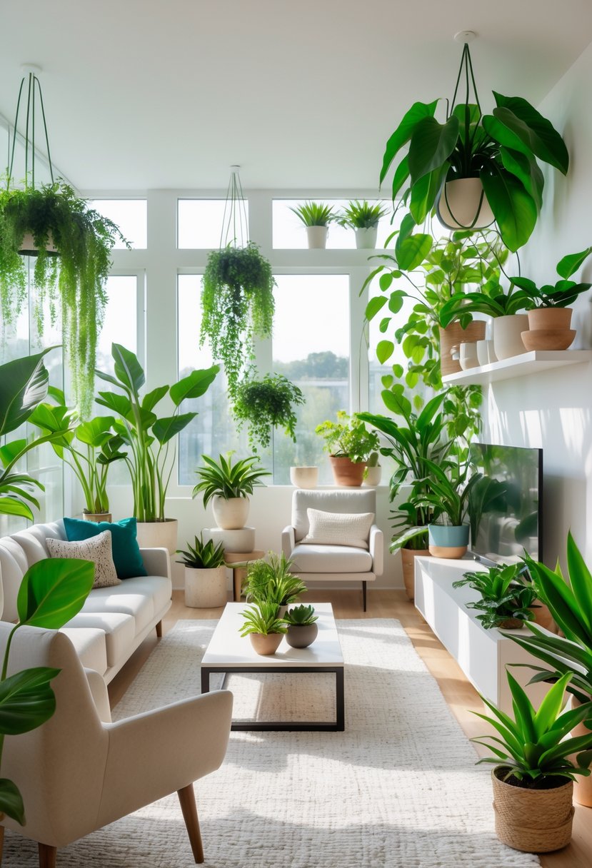 Contemporary Living Room Ideas 2026: 21 Stylish Designs for Modern Homes 20 A bright living room with modern furniture and various indoor plants placed around the space.