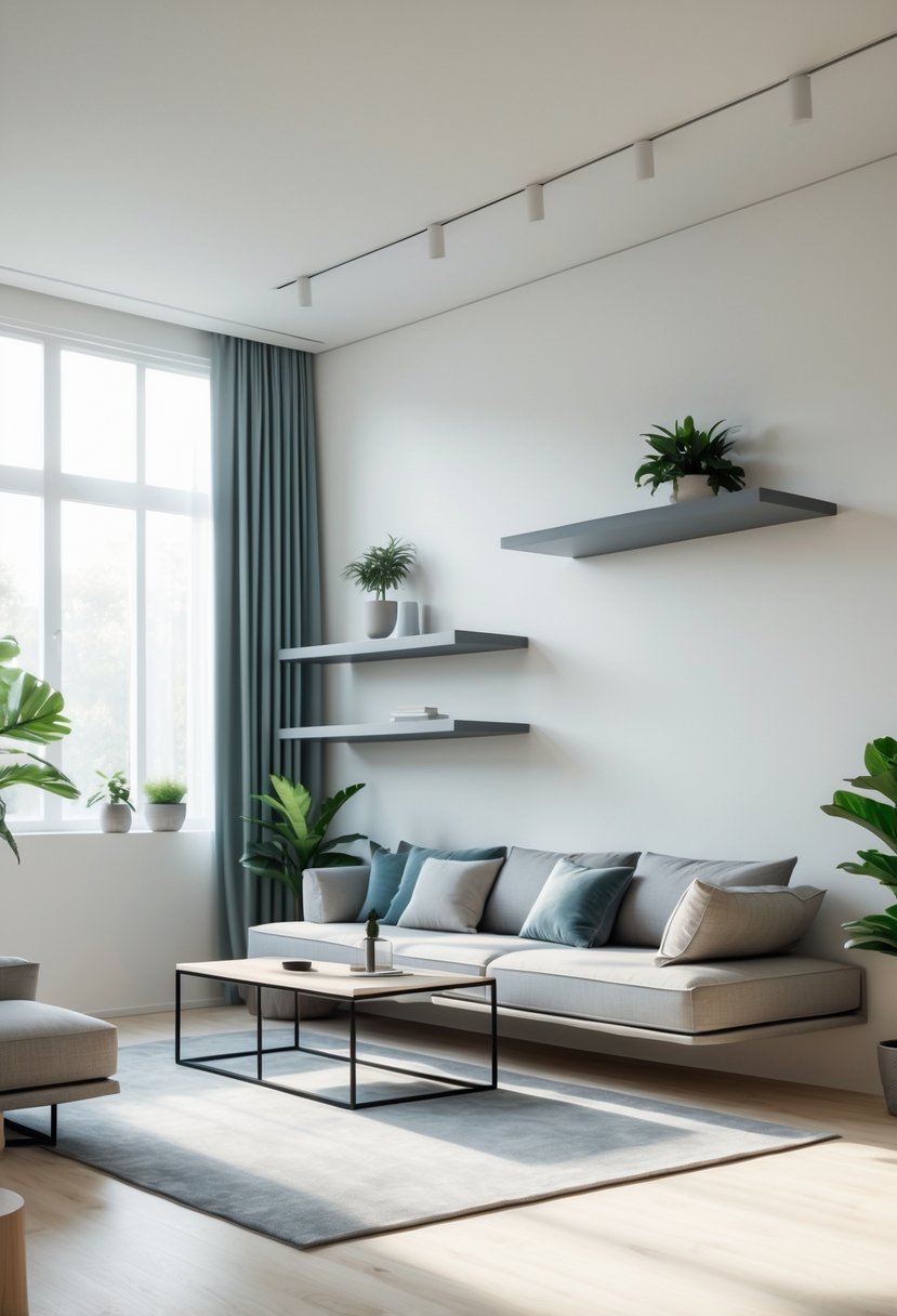 Contemporary Living Room Ideas 2026: 21 Stylish Designs for Modern Homes 21 A bright living room with floating sofa and shelves, large windows, hardwood floor, and plants.