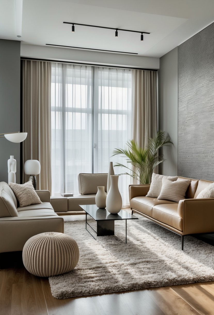 Contemporary Living Room Ideas 2026: 21 Stylish Designs for Modern Homes 22 A bright living room with a sofa, coffee table, large windows, and various textured surfaces creating a calm and inviting space.