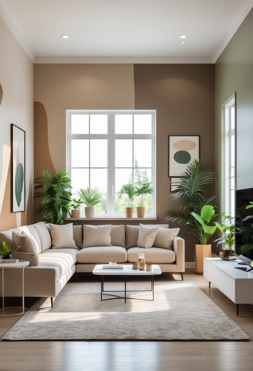 Contemporary Living Room Ideas 2026: 21 Stylish Designs for Modern Homes 23 A bright living room with accent walls in muted earth tones, modern furniture, plants, and large windows letting in natural light.