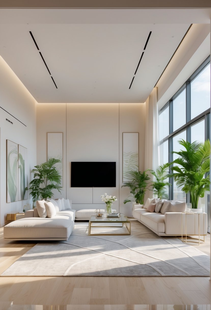 Contemporary Living Room Ideas 2026: 21 Stylish Designs for Modern Homes 24 A bright and spacious living room with modern furniture, large windows, plants, and wooden flooring.