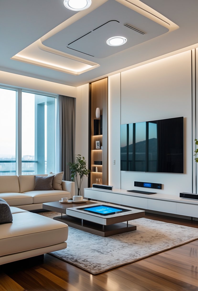 Contemporary Living Room Ideas 2026: 21 Stylish Designs for Modern Homes 25 A modern living room with a large smart TV, smart speakers, ambient lighting, and a tablet on a coffee table, with natural light coming through large windows.