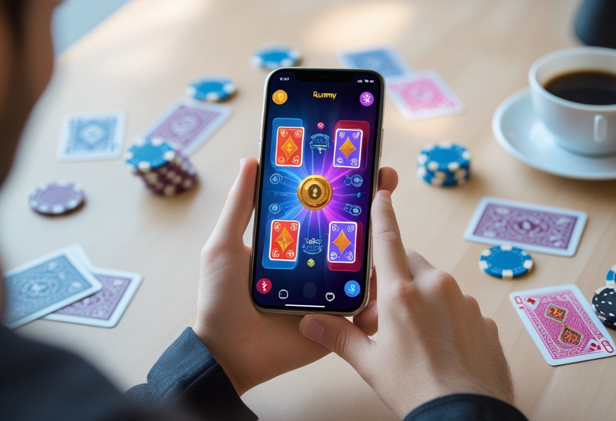 A person holding a smartphone showing a colorful card game screen with playing cards and poker chips on a wooden table.