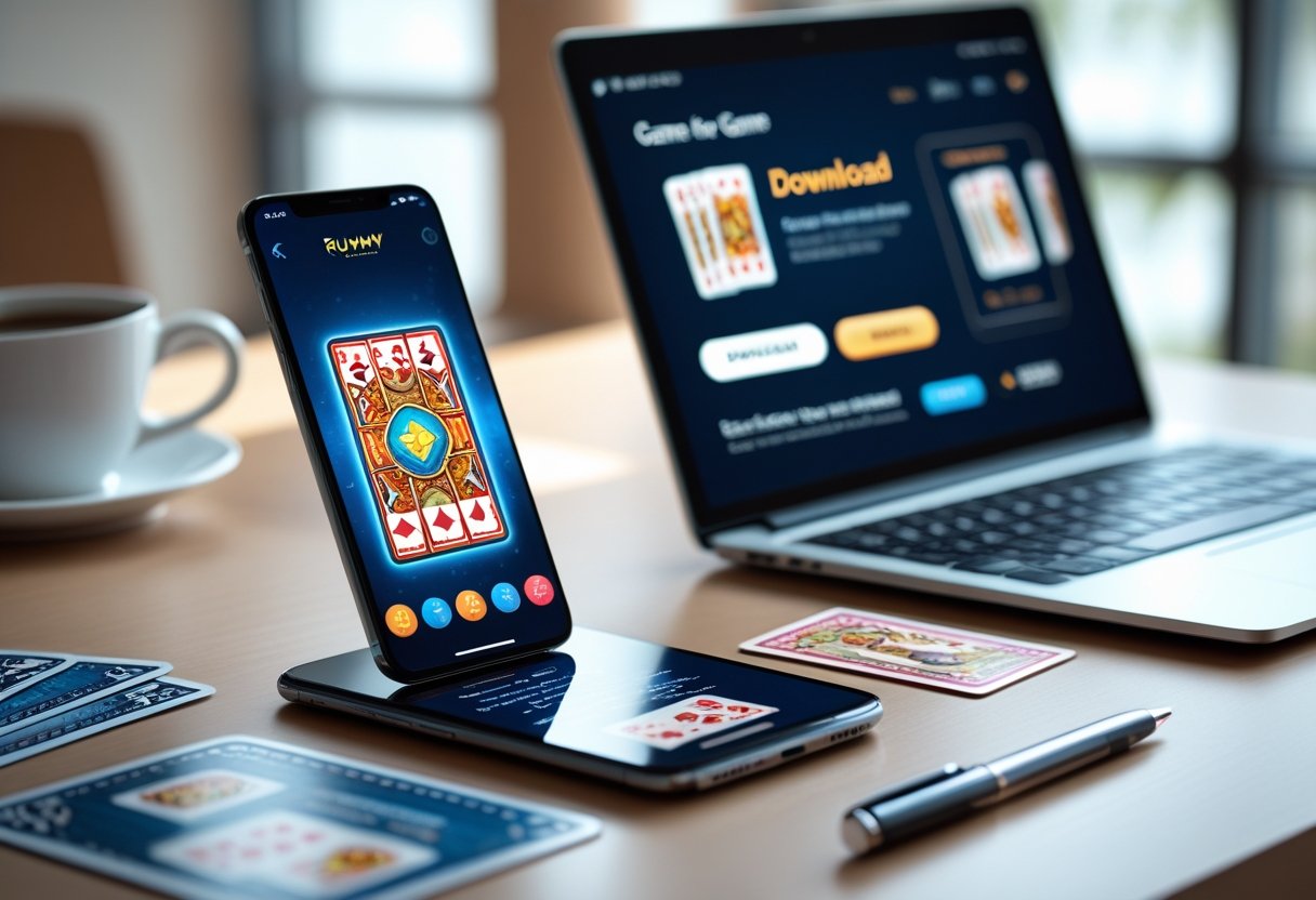 A smartphone and laptop on a desk showing a card game app and download page, surrounded by coffee and gaming cards.