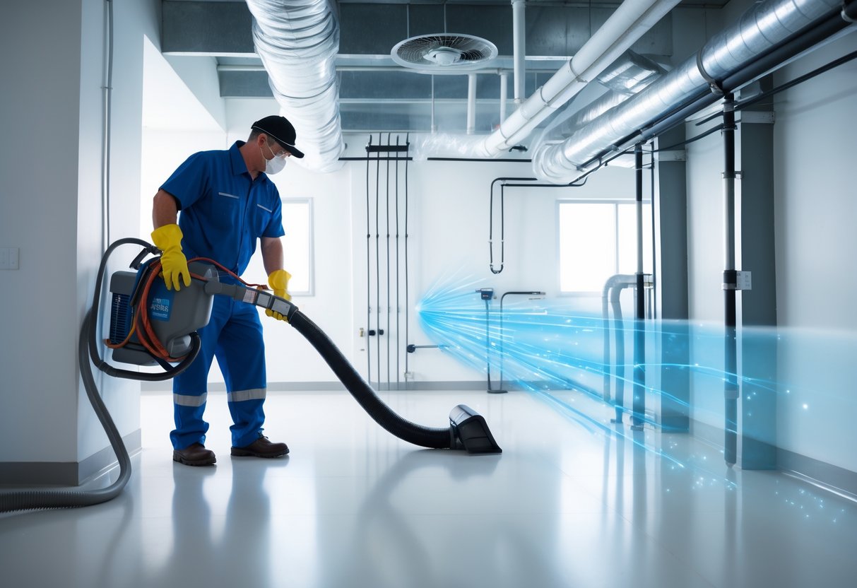 Technician cleaning air ducts inside a commercial building, removing dust and contaminants to improve air quality.