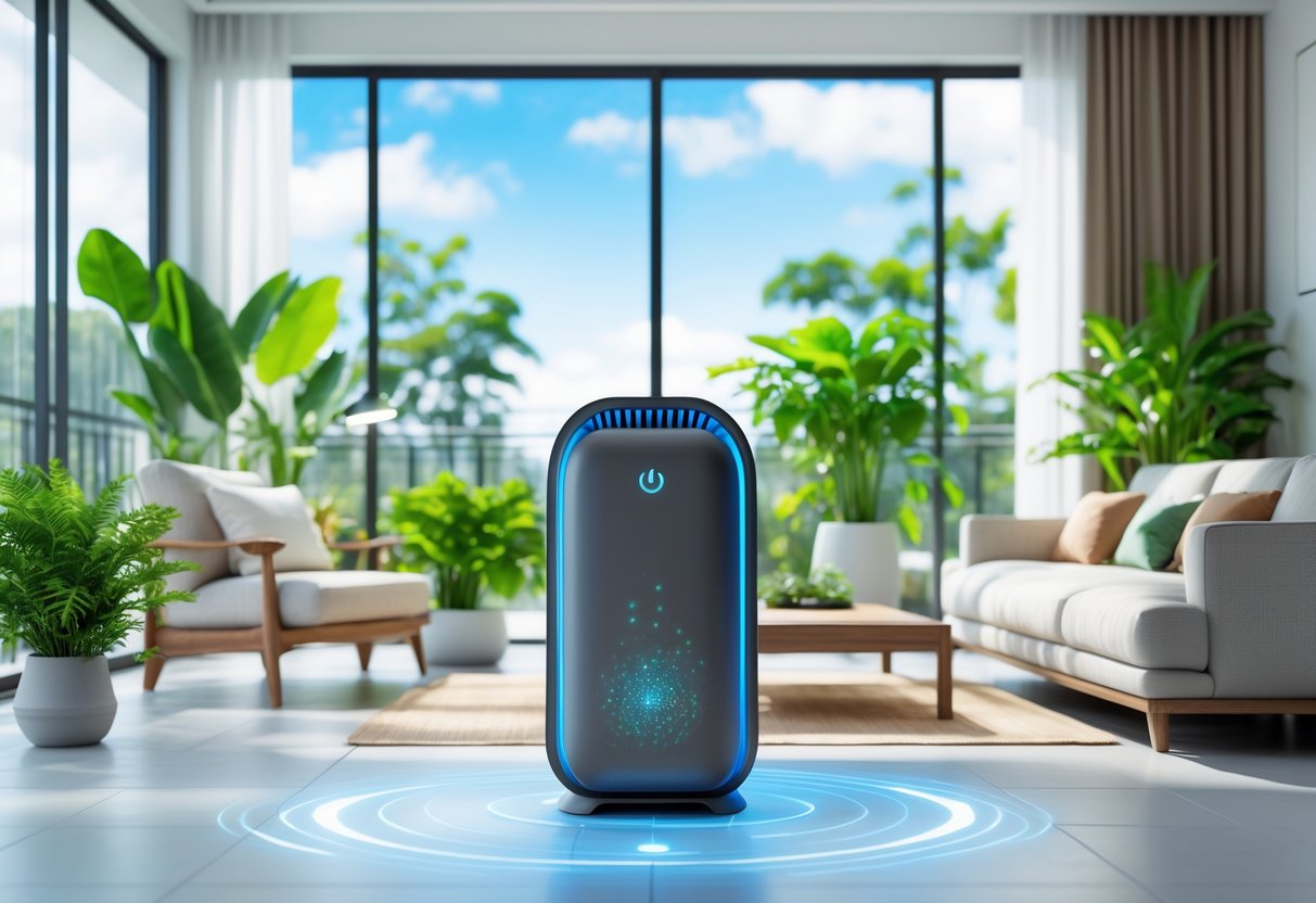 A bright living room with large windows, green plants, and an air purifier, showing a clean and fresh indoor environment.