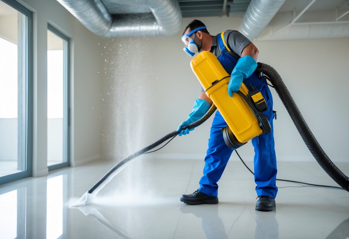 Technician cleaning indoor air ducts with equipment inside a clean, well-lit building interior.