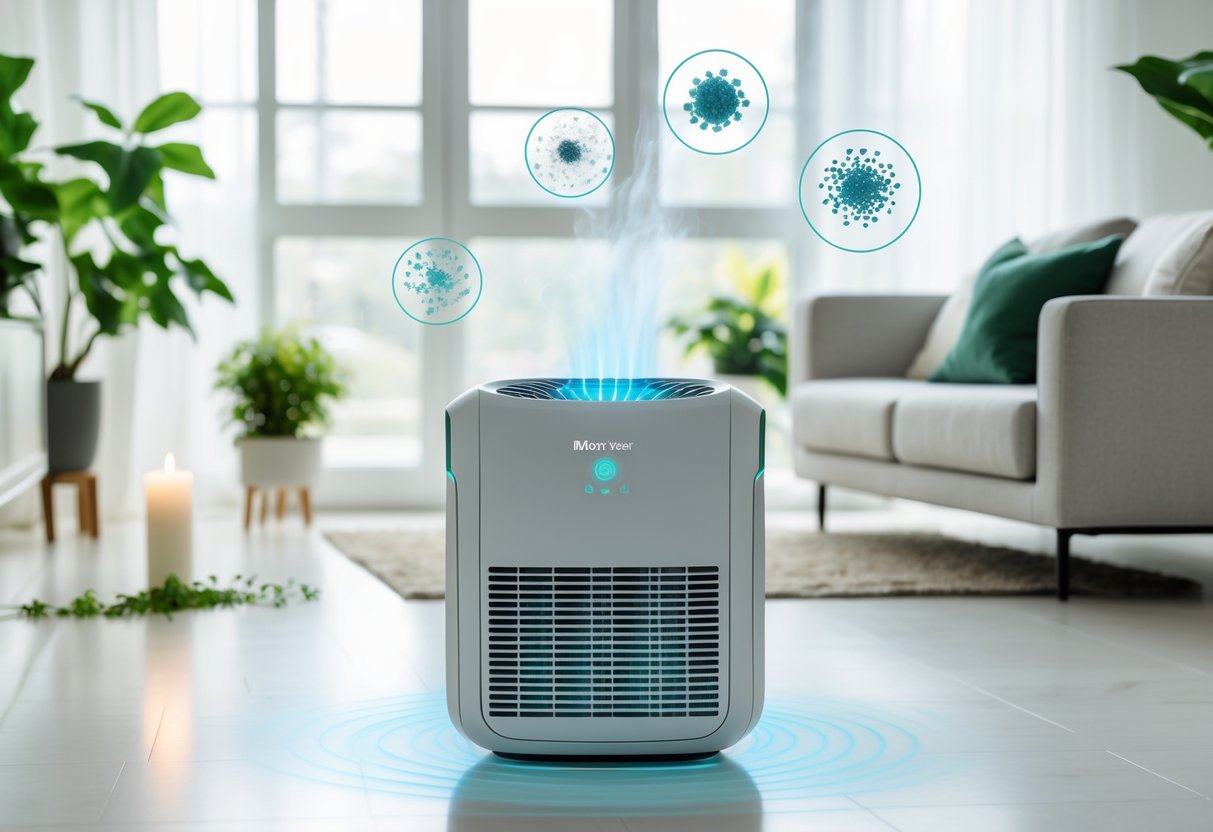 A bright living room with an air purifier running, showing common sources of indoor air pollutants like dust, smoke, pollen, and cooking fumes.