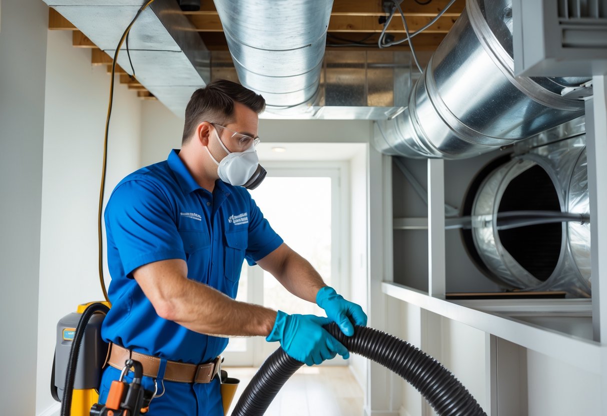 An HVAC technician cleaning air ducts inside a building using specialized equipment.