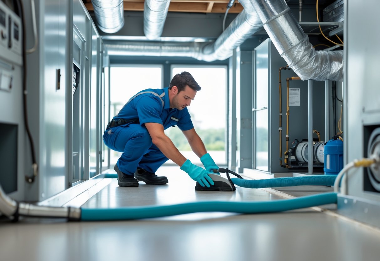 Technician inspecting and cleaning a clean HVAC duct system inside a mechanical room.