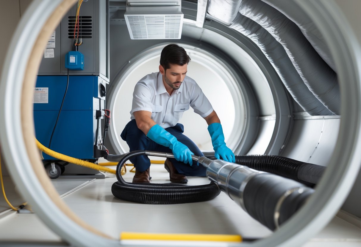 A technician cleaning air ducts inside a commercial building using specialized equipment.