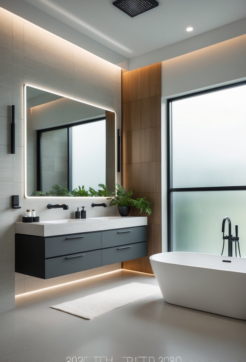 Bathroom Makeover Ideas 2026: 22 Stylish Updates for a Fresh Look 2 A modern bathroom with a freestanding bathtub, floating vanity, large mirror, and natural light from a frosted window.