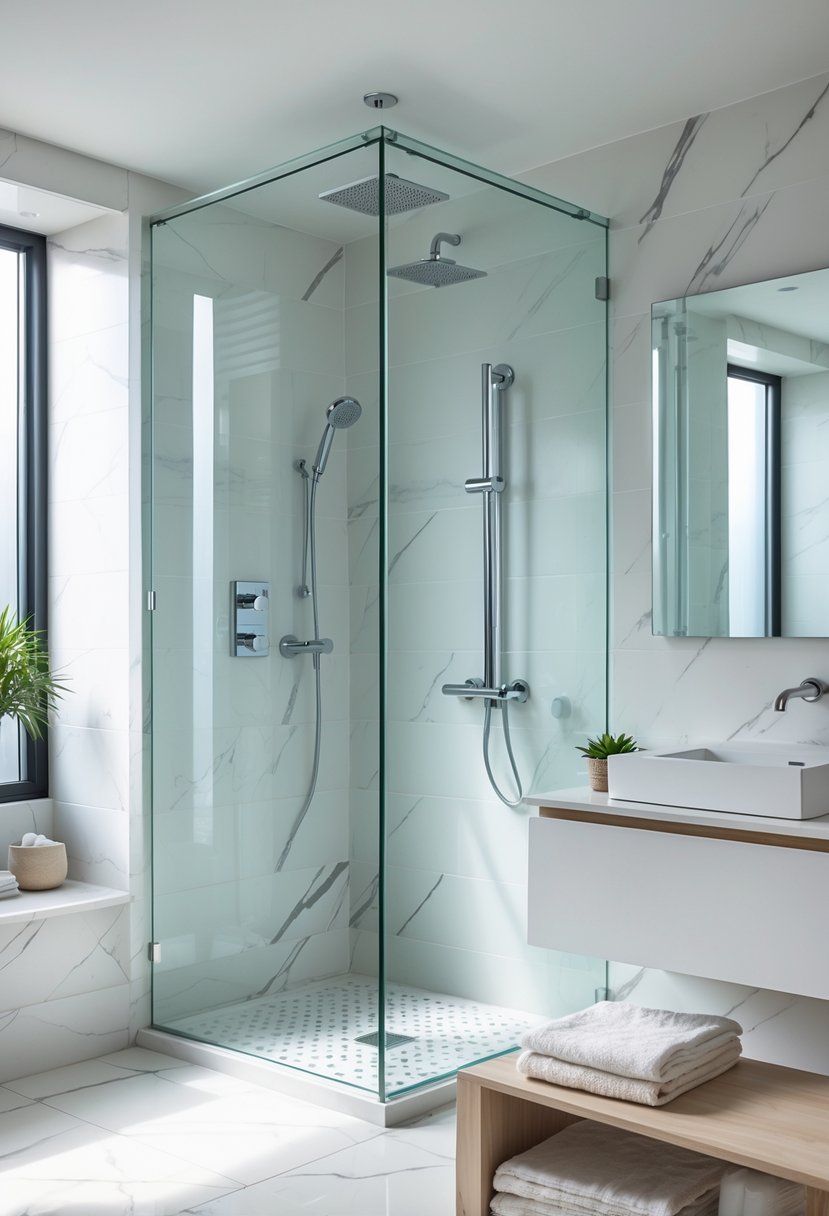 Bathroom Makeover Ideas 2026: 22 Stylish Updates for a Fresh Look 3 A bright bathroom with a frameless glass walk-in shower, marble walls and floor, a floating vanity, and a small green plant.