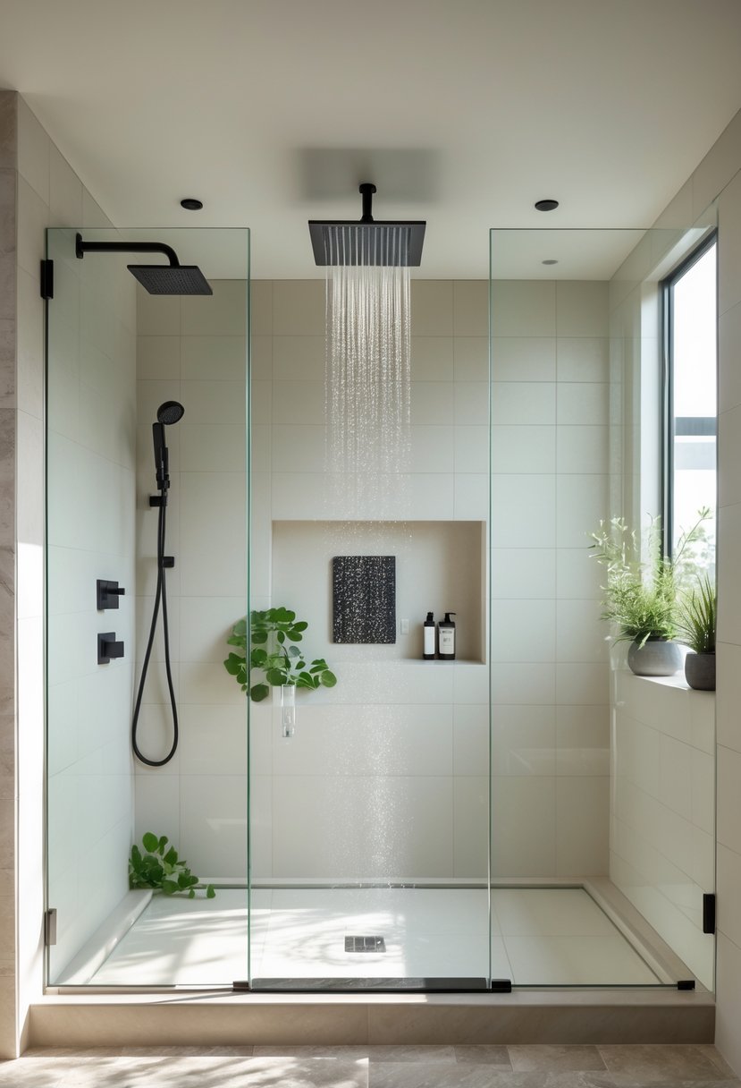 Bathroom Makeover Ideas 2026: 22 Stylish Updates for a Fresh Look 4 A modern bathroom with a rainfall showerhead and glass shower enclosure, light tiles, and green plants.