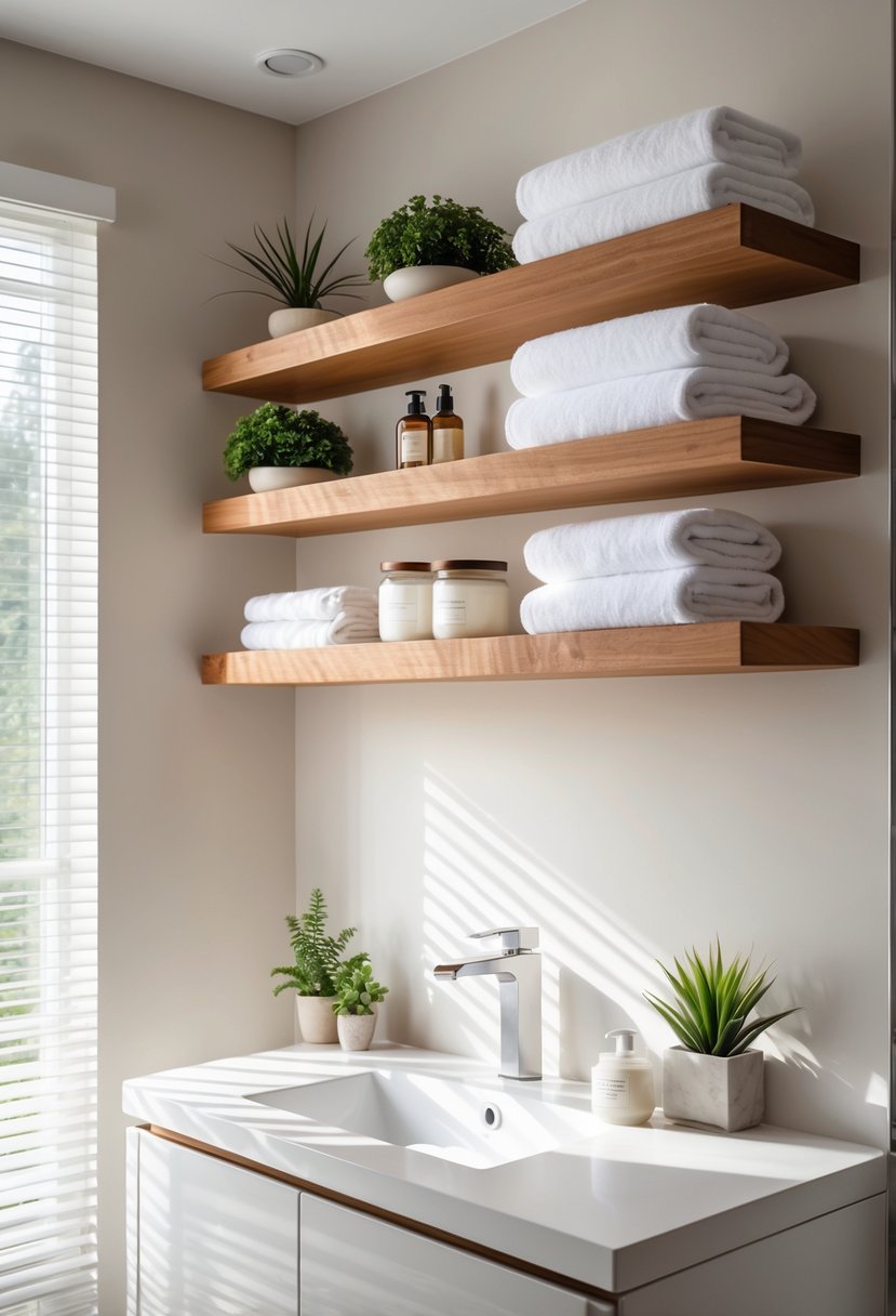 Bathroom Makeover Ideas 2026: 22 Stylish Updates for a Fresh Look 5 A bathroom with floating wood shelves above a white vanity holding towels, plants, and bathroom accessories.