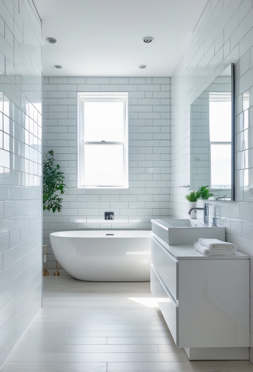 Bathroom Makeover Ideas 2026: 22 Stylish Updates for a Fresh Look 6 A modern bathroom with large white subway tiles on the walls, a freestanding bathtub, a vanity with chrome fixtures, and natural light coming through a window.