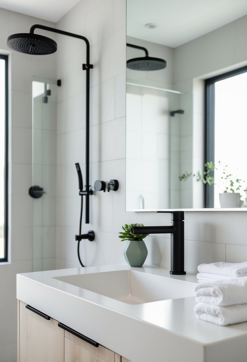 Bathroom Makeover Ideas 2026: 22 Stylish Updates for a Fresh Look 8 A bathroom with matte black fixtures including a faucet, showerhead, and towel racks, with white sink and gray tiled walls.