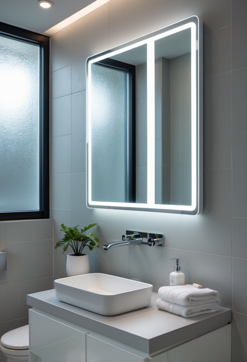 Bathroom Makeover Ideas 2026: 22 Stylish Updates for a Fresh Look 9 A modern bathroom with a LED backlit mirror above a sink, light gray tiled walls, and decorative items on the countertop.