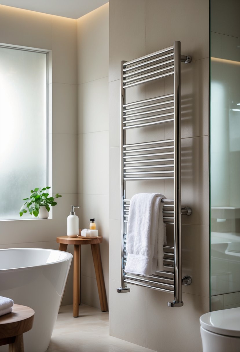 Bathroom Makeover Ideas 2026: 22 Stylish Updates for a Fresh Look 10 A bathroom with a heated towel rack holding white towels next to a bathtub and bathroom accessories.
