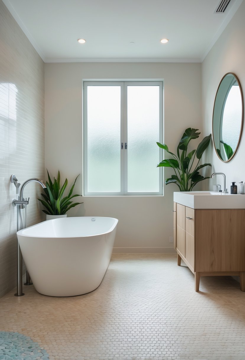 Bathroom Makeover Ideas 2026: 22 Stylish Updates for a Fresh Look 11 A bright bathroom with hexagonal floor tiles, a freestanding bathtub, a wooden vanity with a round mirror, and green plants.