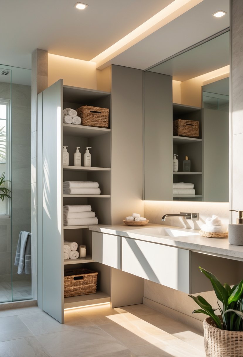 Bathroom Makeover Ideas 2026: 22 Stylish Updates for a Fresh Look 12 A modern bathroom with a built-in linen closet containing towels and toiletries, a vanity with a mirror, and decorative plants.