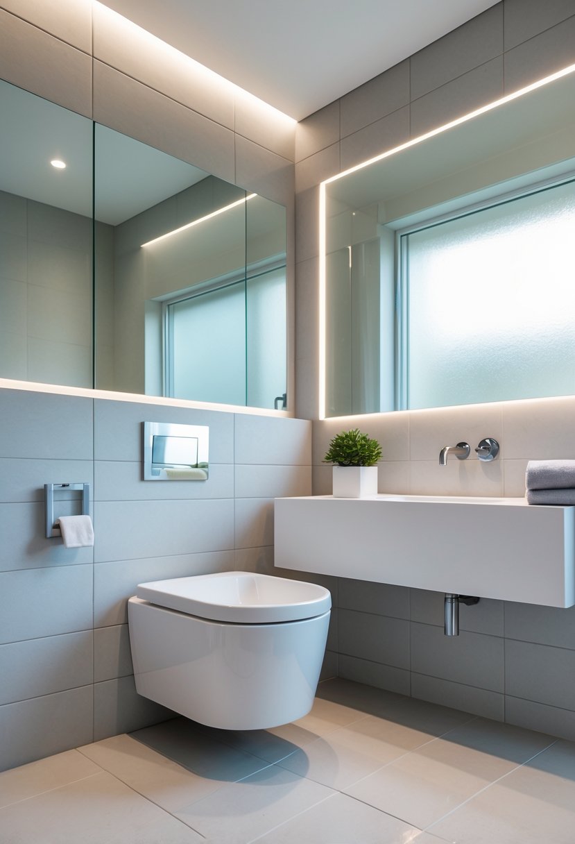 Bathroom Makeover Ideas 2026: 22 Stylish Updates for a Fresh Look 13 A modern bathroom with a wall-mounted toilet, floating vanity, and soft natural light.