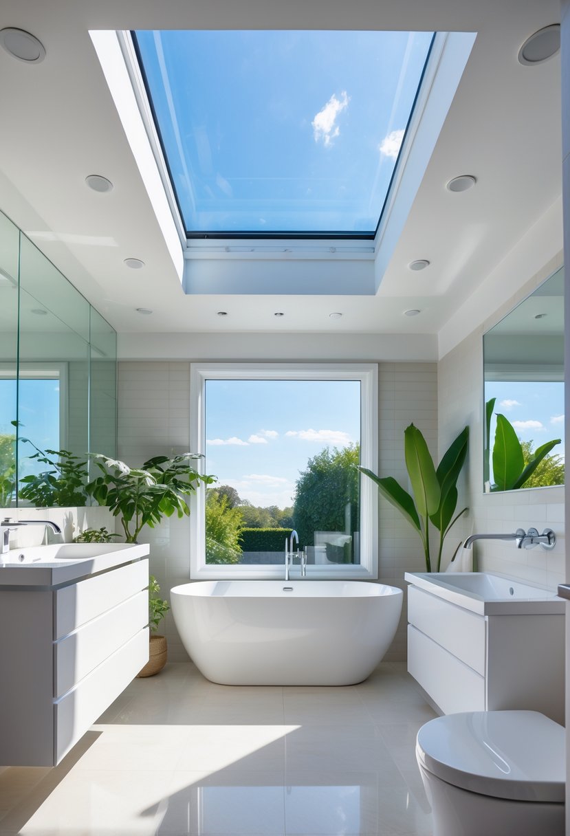 Bathroom Makeover Ideas 2026: 22 Stylish Updates for a Fresh Look 14 Bright bathroom with a skylight letting in natural light, featuring a bathtub, vanity, and plants.