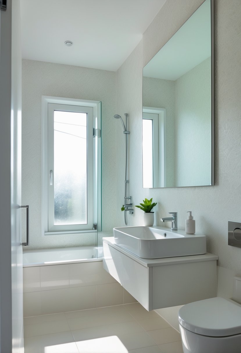 Bathroom Makeover Ideas 2026: 22 Stylish Updates for a Fresh Look 15 A bright bathroom with moisture-resistant wallpaper, a white sink, chrome fixtures, and a glass shower door.