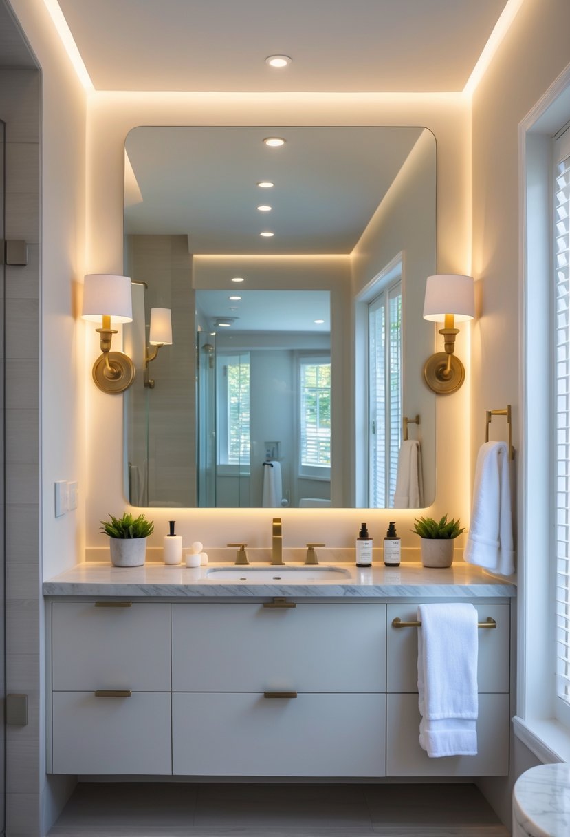 Bathroom Makeover Ideas 2026: 22 Stylish Updates for a Fresh Look 16 A modern bathroom with dimmable wall sconces lighting, a large mirror, marble vanity, and decorative plants.