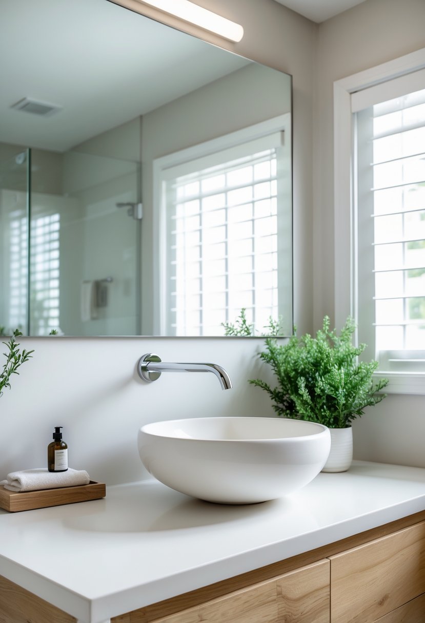 Bathroom Makeover Ideas 2026: 22 Stylish Updates for a Fresh Look 18 A bright bathroom with a white vessel sink on a wooden vanity, a chrome faucet, a large mirror, and natural light coming through a window.
