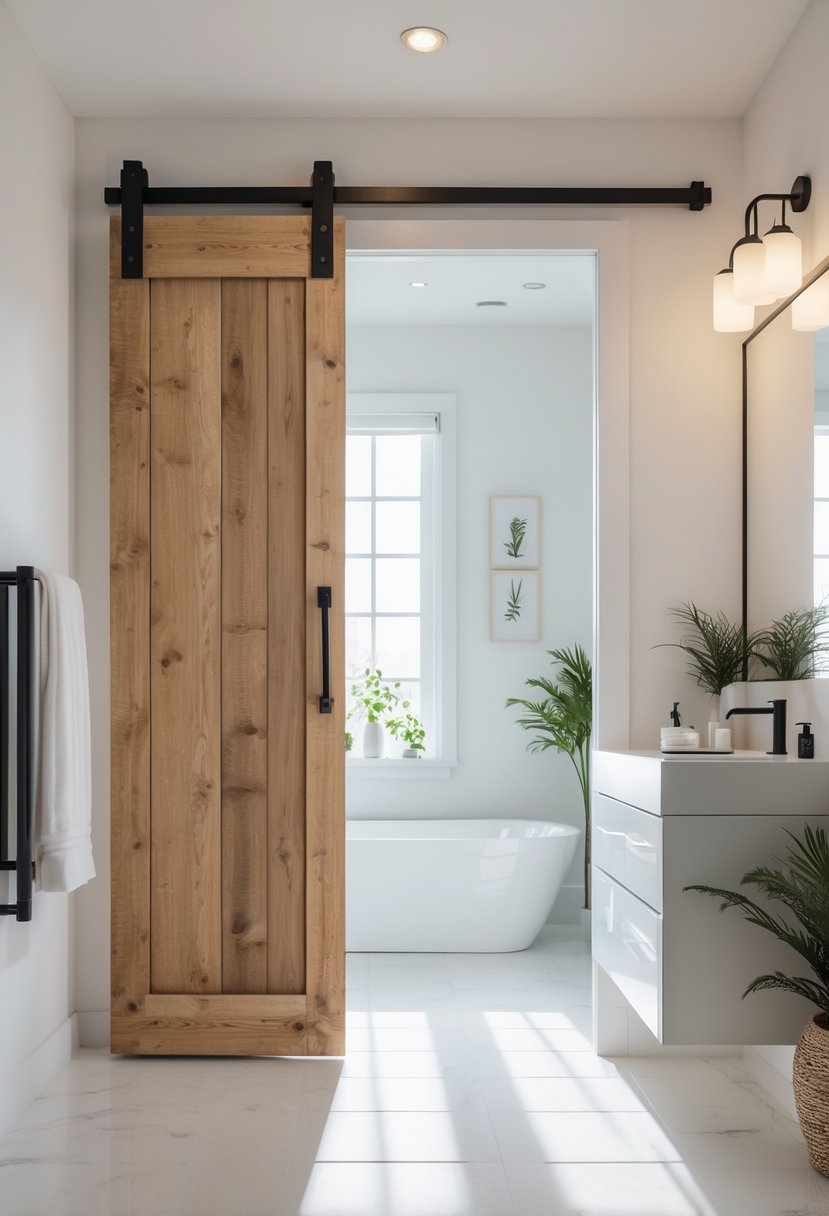 Bathroom Makeover Ideas 2026: 22 Stylish Updates for a Fresh Look 19 A modern bathroom interior with a sliding barn door entry, featuring a vanity, mirror, and natural light.