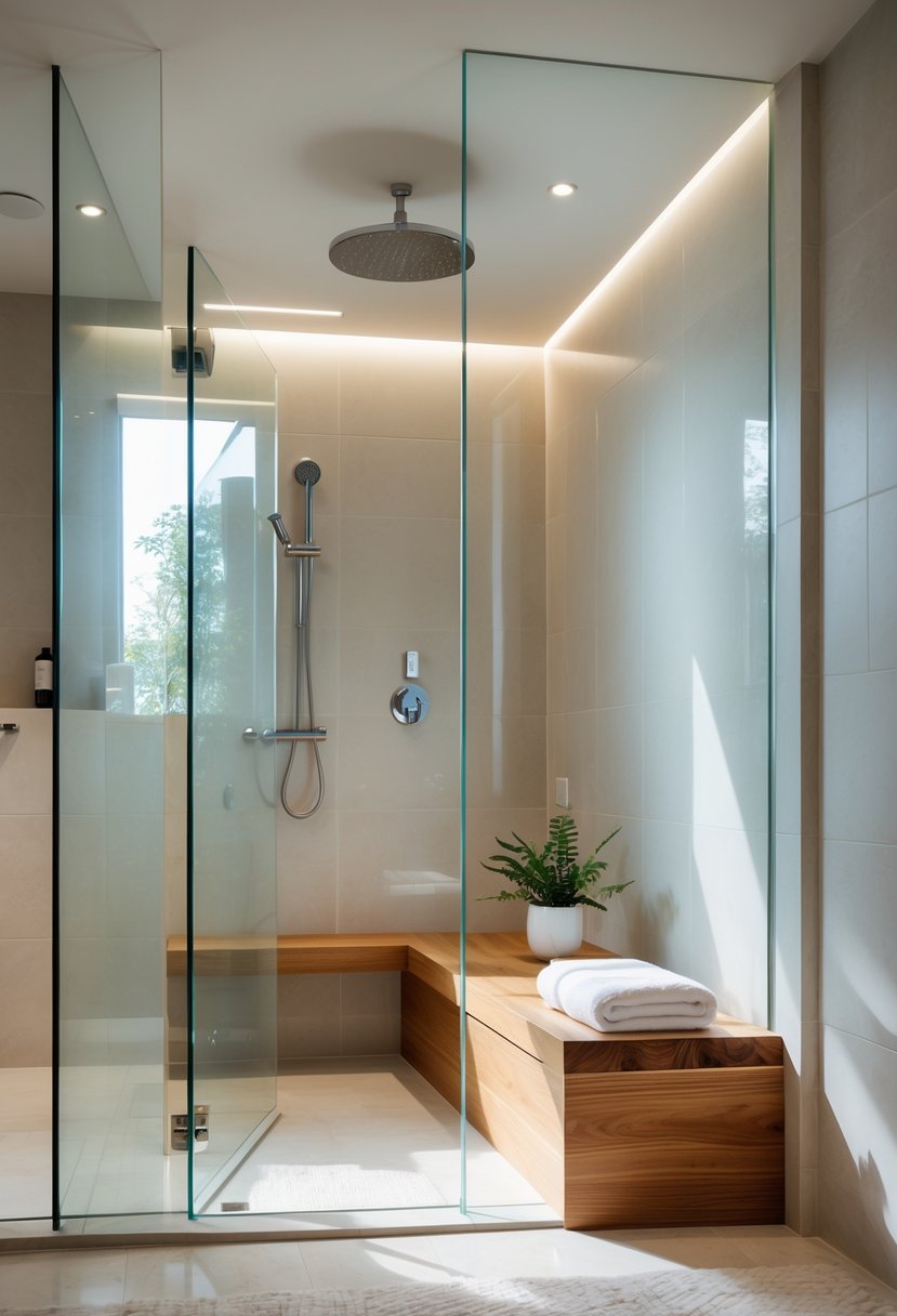 Bathroom Makeover Ideas 2026: 22 Stylish Updates for a Fresh Look 20 A shower area with a built-in wooden bench, glass panels, chrome fixtures, and light-colored tiled walls.