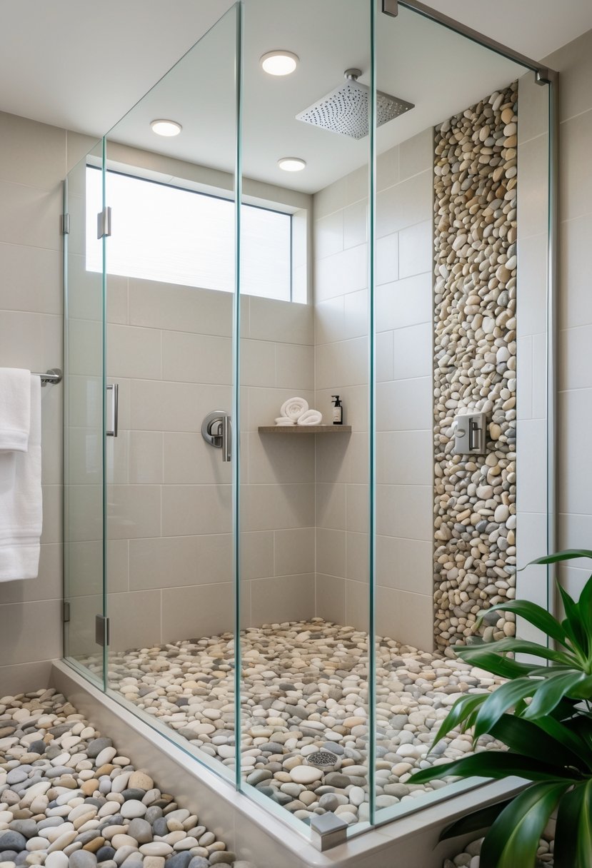 Bathroom Makeover Ideas 2026: 22 Stylish Updates for a Fresh Look 22 A bright bathroom shower area with pebble stone flooring, glass panels, and modern fixtures.