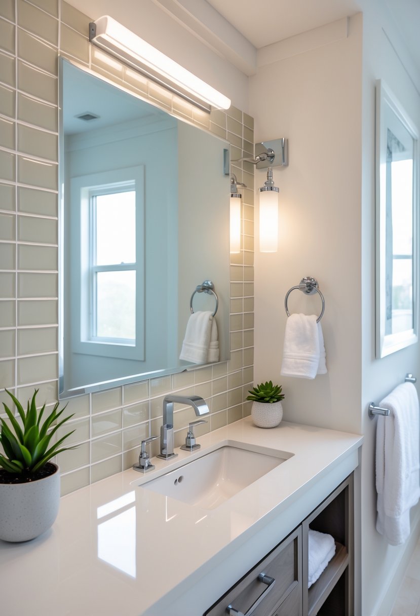Bathroom Makeover Ideas 2026: 22 Stylish Updates for a Fresh Look 23 A bathroom vanity with a decorative tile backsplash, a mirror, faucet, and bathroom accessories.