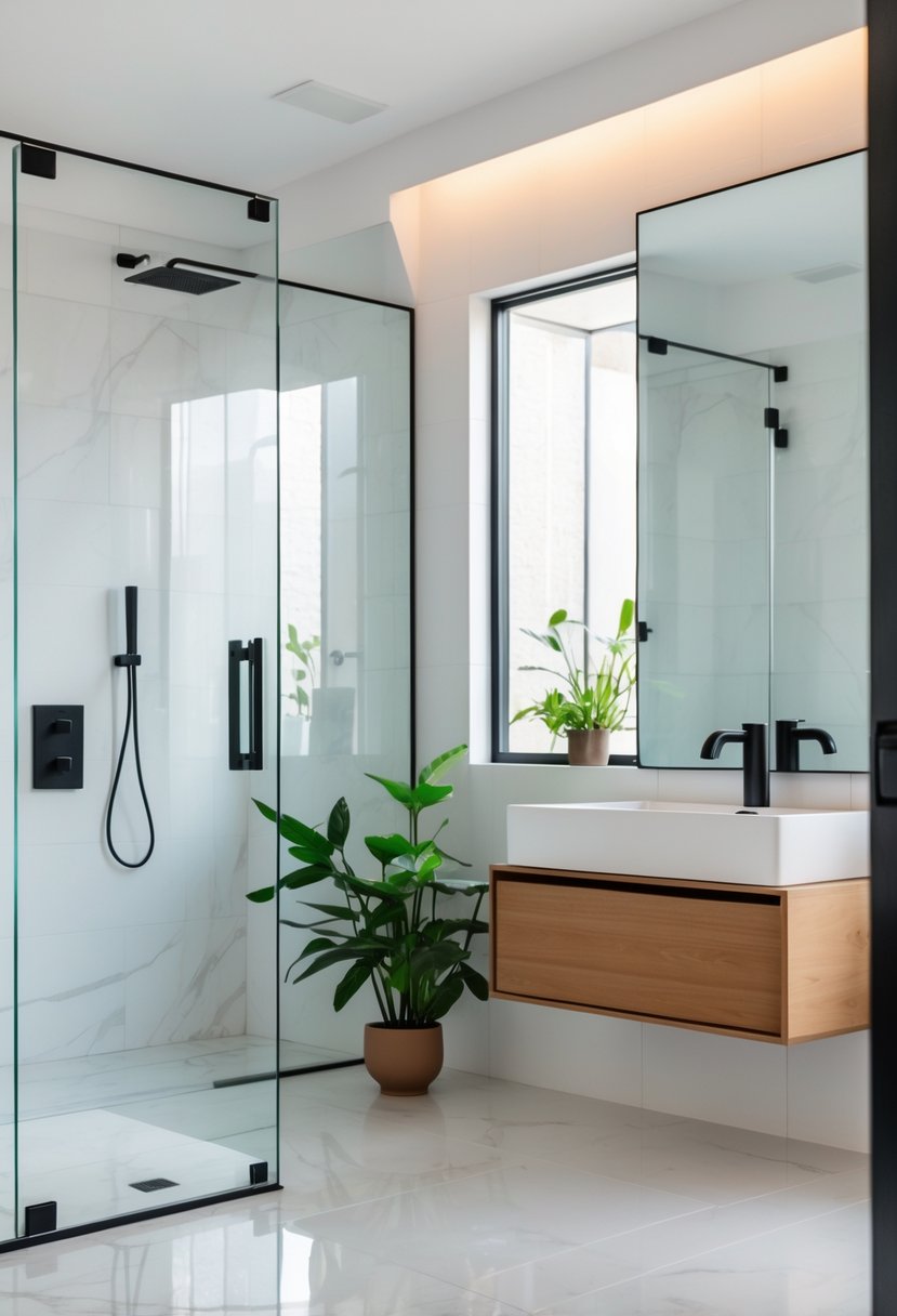 Bathroom Makeover Ideas 2026: 22 Stylish Updates for a Fresh Look 25 A modern bathroom with a walk-in shower, wooden vanity, large mirror, and green plants.