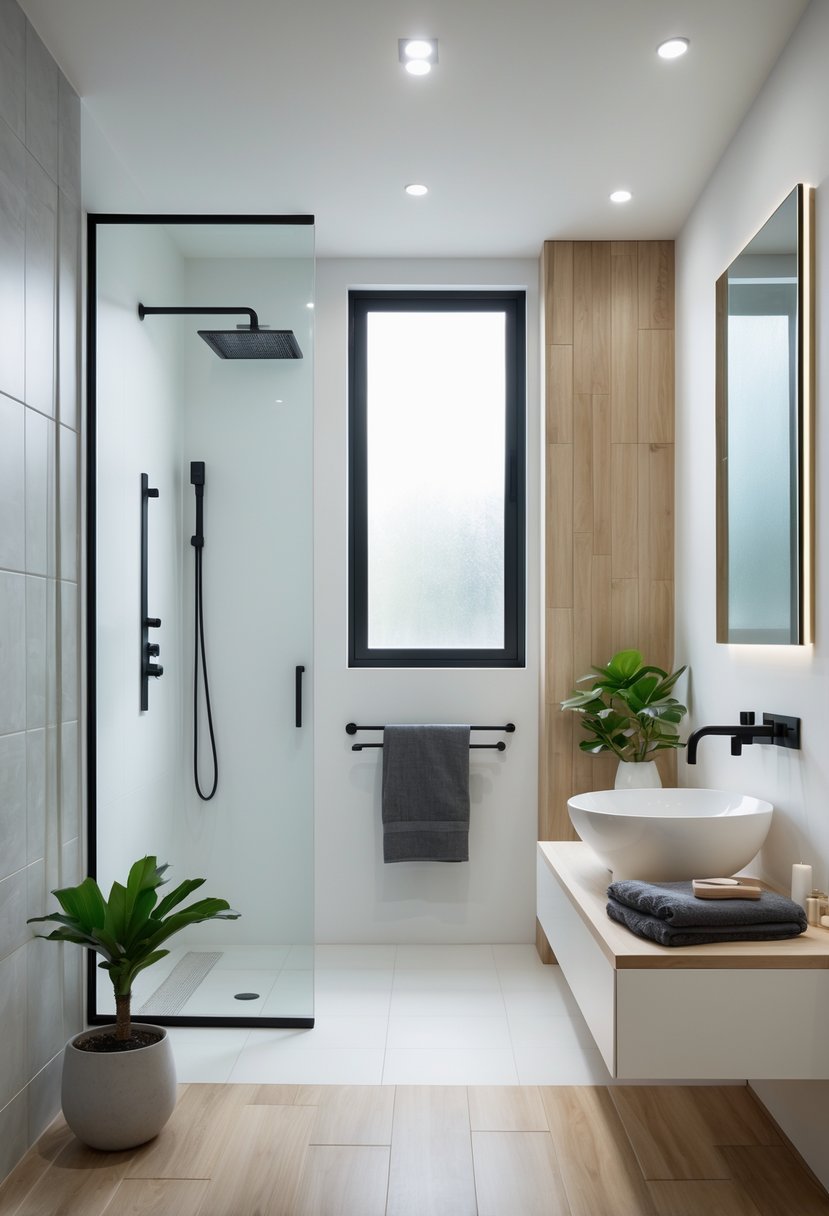 Bathroom Makeover Ideas 2026: 22 Stylish Updates for a Fresh Look 26 A modern bathroom with a walk-in shower, floating vanity, digital mirror, and natural light coming through a window.