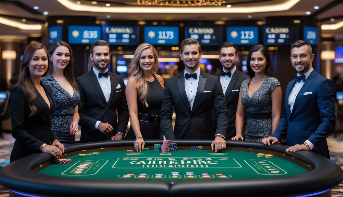 Sejumlah dealer profesional berdiri di belakang meja kasino dengan latar kasino modern dan layar digital.
