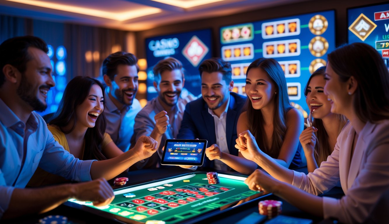 Sekelompok orang bermain permainan kasino langsung secara online dengan perangkat digital di ruang tamu modern.