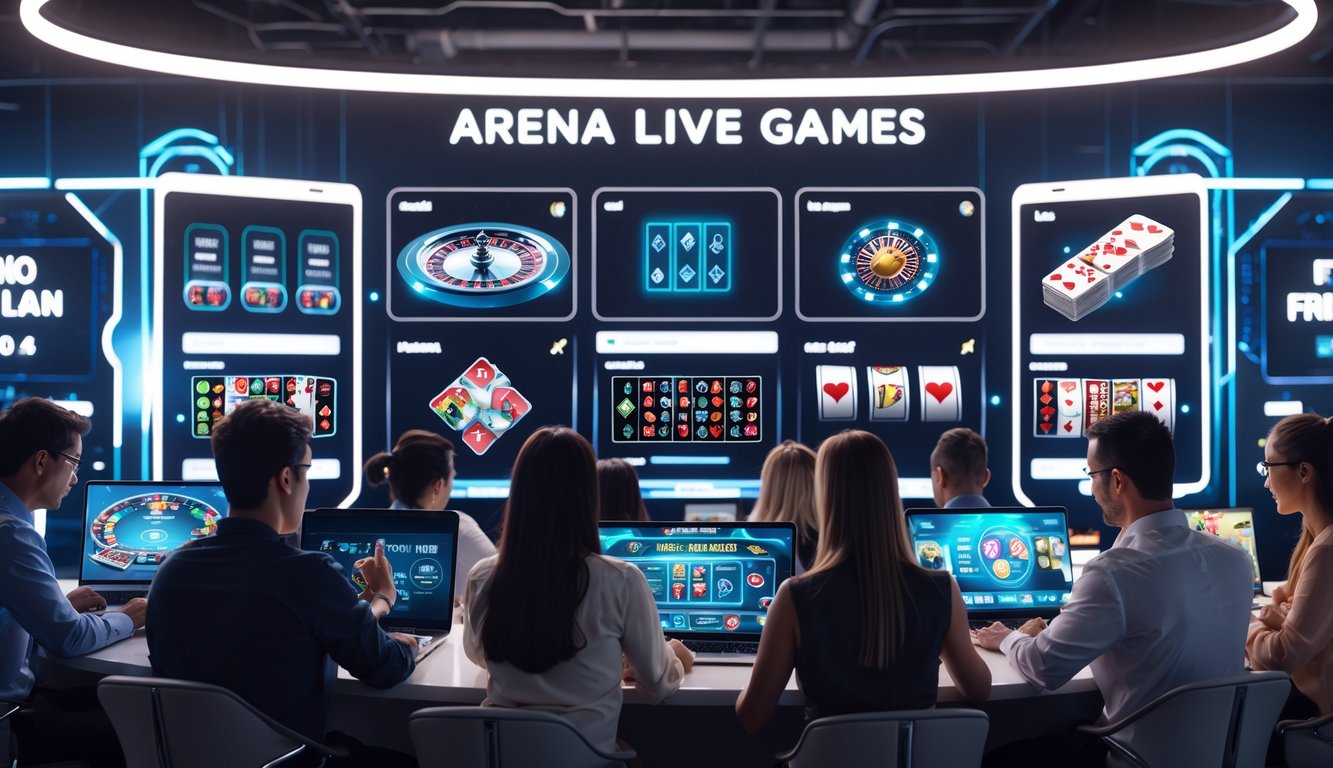 Suasana permainan kasino online modern dengan beberapa orang sedang bermain game kasino di perangkat digital.