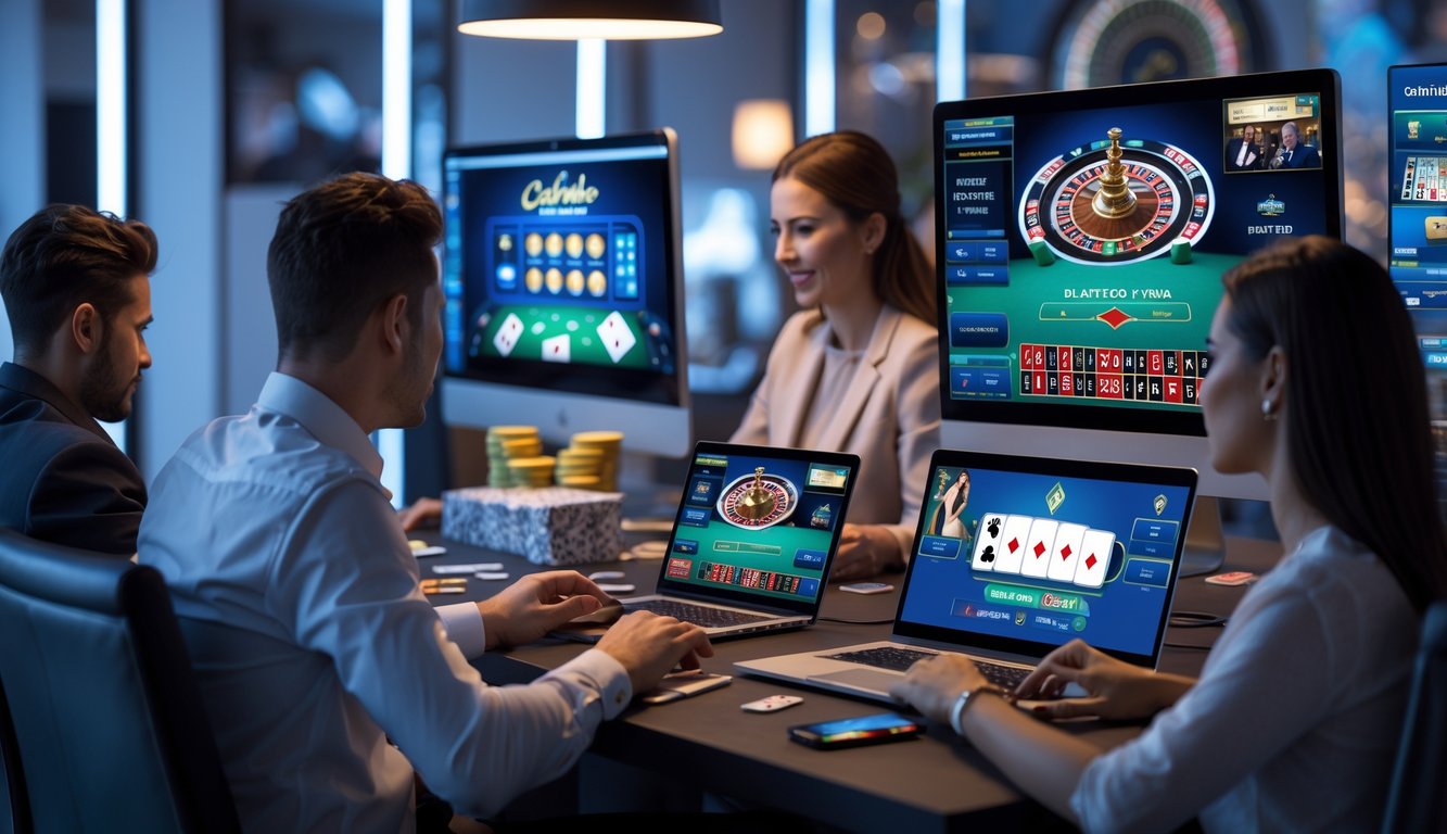 Orang-orang bermain permainan kasino langsung online dengan layar komputer dan ponsel yang menampilkan dealer kasino secara real time.